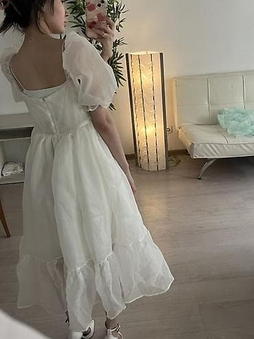 детское платье белое: Вечернее платье, А-силуэт, Шифон, С рукавами, Шлейф, M — 5