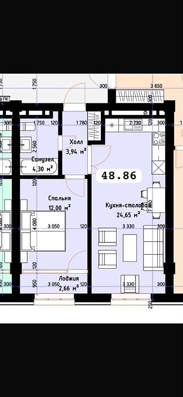 Квартиры: 1 комната, 49 м², Кок-Жар ж/м Элитка, 9 этаж, ПСО (под самоотделку) — 1