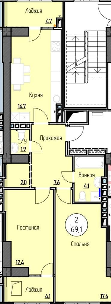 1000: 2 комнаты, 69 м², Элитка, 4 этаж, Готовая ПСО (под самоотделку) — 2