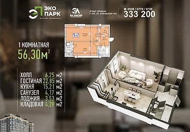 квартира жеп там: 1 комната, 56 м², Элитка, 10 этаж, ПСО (под самоотделку) — 1