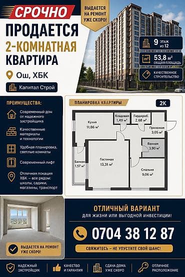 Квартиры: 2 комнаты, 53 м², 9 этаж, ПСО (под самоотделку) — 2