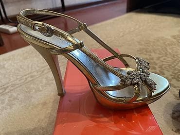 Босоножки, сандалии, шлепанцы: Золотистые вечерние босоножки на высоком каблуке - Размер: 35 — 4