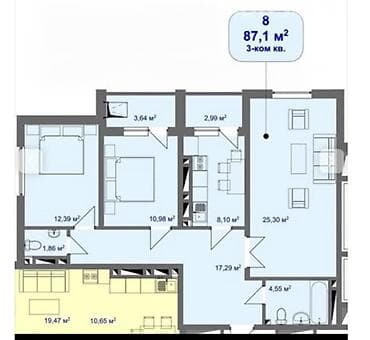 шопоков эко сити: 3 комнаты, 87 м², Пишпек Элитка, 6 этаж, ПСО (под самоотделку) — 3