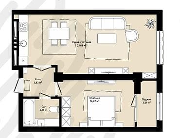 1 комната, 53 м², Индивидуалка, 13 этаж, Готовая ПСО (под самоотделку) — 1