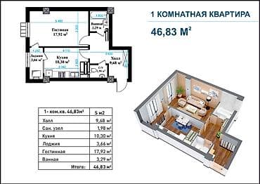 royal: 1 комната, 47 м², Пишпек Элитка, 15 этаж, ПСО (под самоотделку) — 1