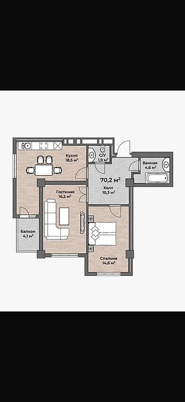 2комната квартира берилет: 2 бөлмө, 65 м², Элитка, 10 кабат, Даяр ПСО (өзү оңдоп түзөтүп бүтүү үчүн) — 1