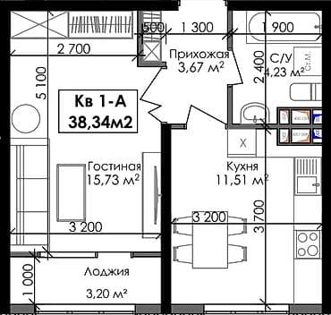 Продажа квартир: 1 комната, 38 м², Ошский мкр., Элитка, 6 этаж, ПСО (под самоотделку) — 3