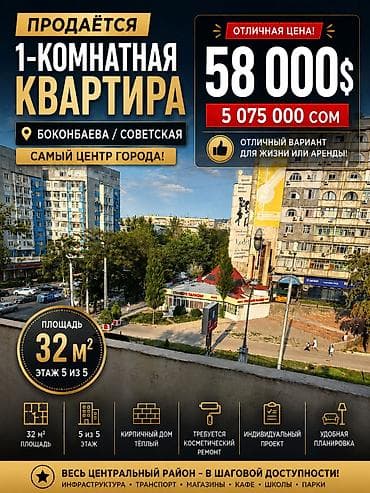 32: 1 комната, 32 м², Индивидуалка, 5 этаж, Косметический ремонт — 1