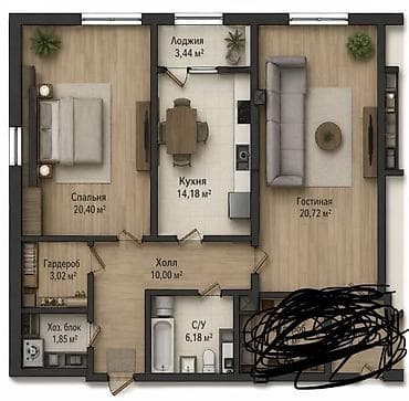 кывартира: 2 комнаты, 86 м², Элитка, 12 этаж, Готовая ПСО (под самоотделку) — 1