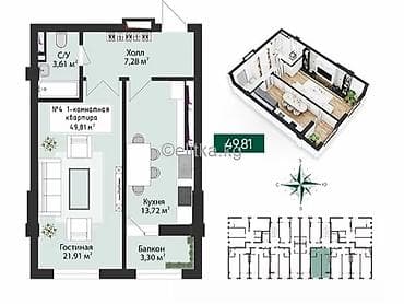 Квартиры: 1 комната, 49 м², Элитка, 6 этаж, ПСО (под самоотделку) — 4
