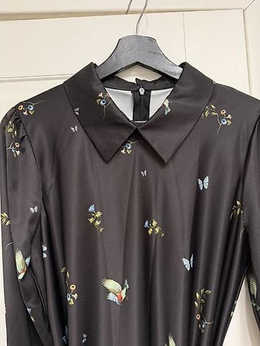 черное удлиненное платье: Повседневное платье, Made in KG, Длинная модель, Атлас, Платье-рубашка, M — 1