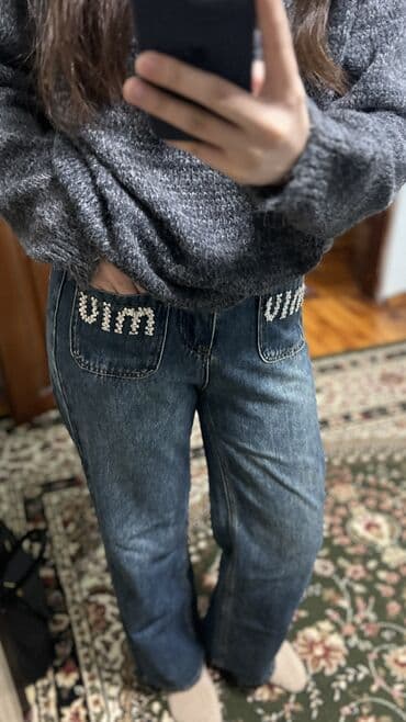 сумка miu miu: Джинсы, Трубы, Средняя талия, С вышивкой, M — 1