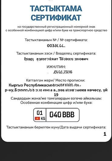 vin code: Сертификат на государственный регистрационный номер с особой — 1