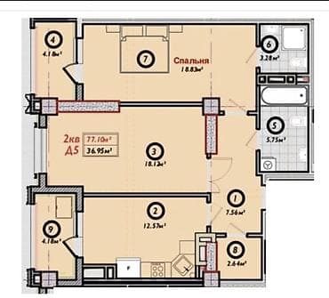 Квартиры: 2 комнаты, 77 м², Асанбай мкр Элитка, 3 этаж, ПСО (под самоотделку) — 2