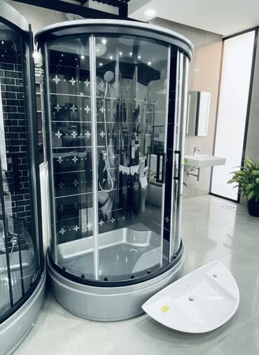 угловые стеклянные полки для ванной: Душевая кабина Круглая, Размер: 120 x 90 см, Высота поддона: 215 см,Покрытие: Прозрачный — 1