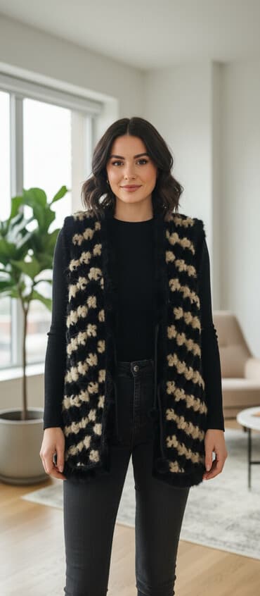 Жилет из меховых помпонов - Материал: меховые норковые помпоны на