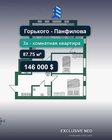 8: 3 комнаты, 87 м², ул. Горького / Панфилова Элитка, 8 этаж, ПСО (под самоотделку) — 1