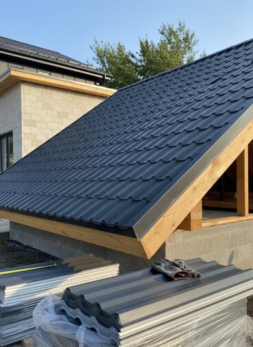 металлочерепица купить: Металлическая черепица темно-серого цвета, имитирующая форму — 1