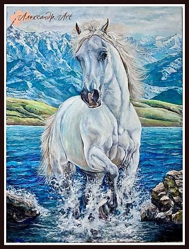Жарык кылуу: Продаю Картину “Белый конь у горного озера” Размер 100*75 см - — 1