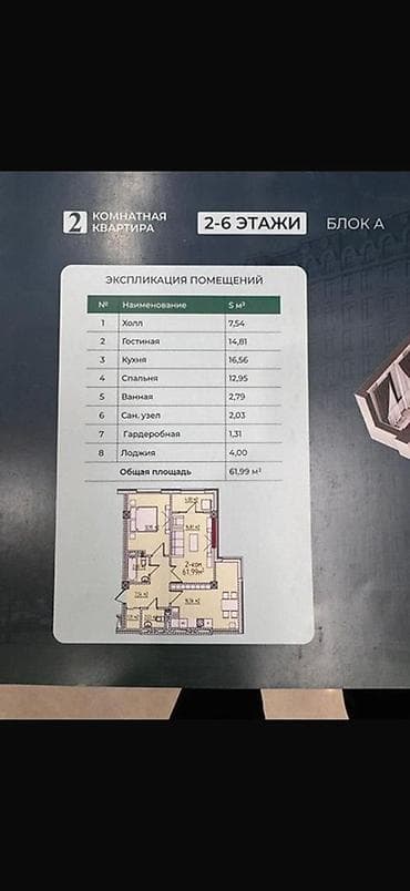 квартира простой: 2 комнаты, 62 м², Элитка, 2 этаж, Готовая ПСО (под самоотделку) — 4