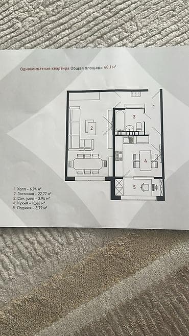 кварита: 1 комната, 48 м², Элитка, 3 этаж, Готовая ПСО (под самоотделку) — 2