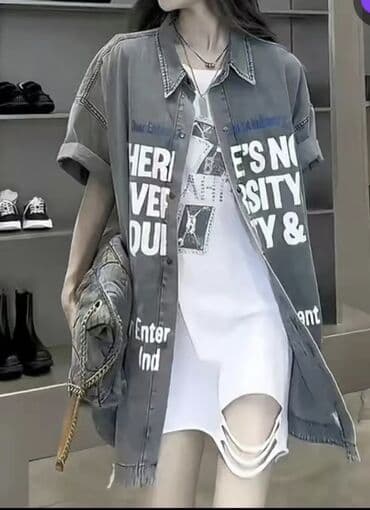 жынсы: Джинсовая рубашка-жилет-оверсайз с принтом и молнией на спине — 5