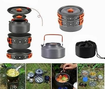 Кастрюли: ПОСУДА ДЛЯ КЕМПИНГА НА 4-5 ПЕРСОН, 12 ПРЕДМЕТОВ (КАЗАНКИ, СКОВОРОДКА — 1