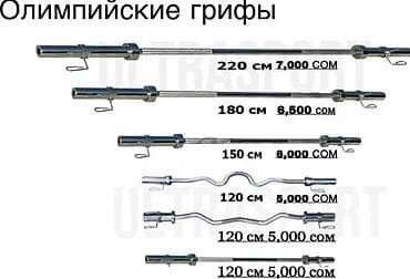 Олимпийские грифы для штанги - Прямые грифы: - Длина 220 см — 7,000