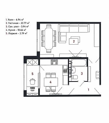 2 комнаты, 48 м², Элитка, 2 этаж, Готовая ПСО (под самоотделку)