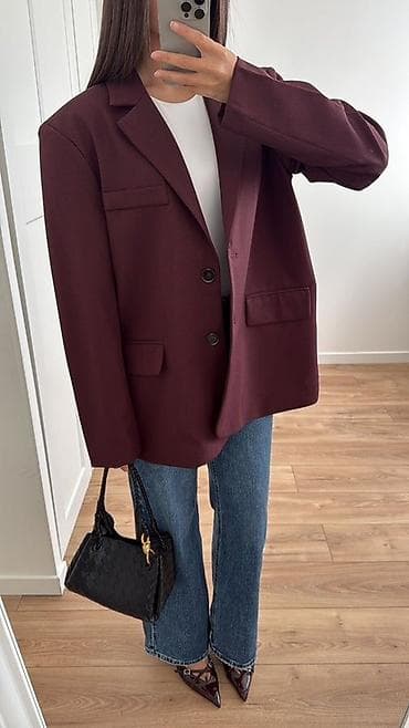 пиджак женский оверсайз: Бордовый женский жакет ZARA (линейка Woman) в стиле оверсайз Размер — 3