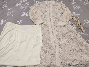 льняное платье халат: Ажурное кружевное платье цвета айвори. Размер 48/50 - Силуэт — 1