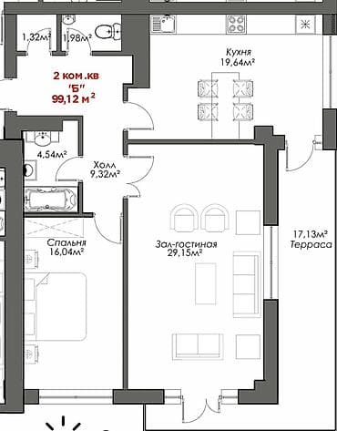 2 room flat: 2 комнаты, 99 м², Элитка, 5 этаж, Готовая ПСО (под самоотделку) — 2