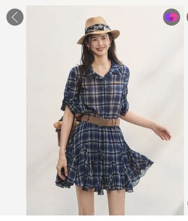 голубое платье: Платье-рубашка в клетку с ремнем,короткая 
Новое — 2