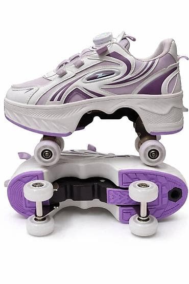ролики обувь: Кроссовки-ролики 2-в-1, лиловые/белые - Трансформируются из обычных — 1
