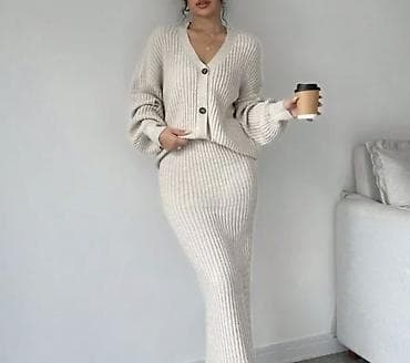 трикотажные тройки: Костюм с юбкой, Модель юбки: Прямая, Миди, Кофта, Стандарт — 1