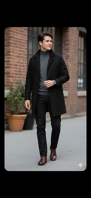 Классическое мужское однобортное пальто черного цвета. Модель имеет