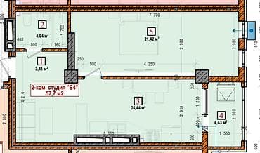 1км квартира: 2 комнаты, 57 м² — 2