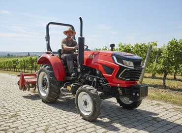 Красный мини-трактор модели 604 с прицепным оборудованием. Оснащен