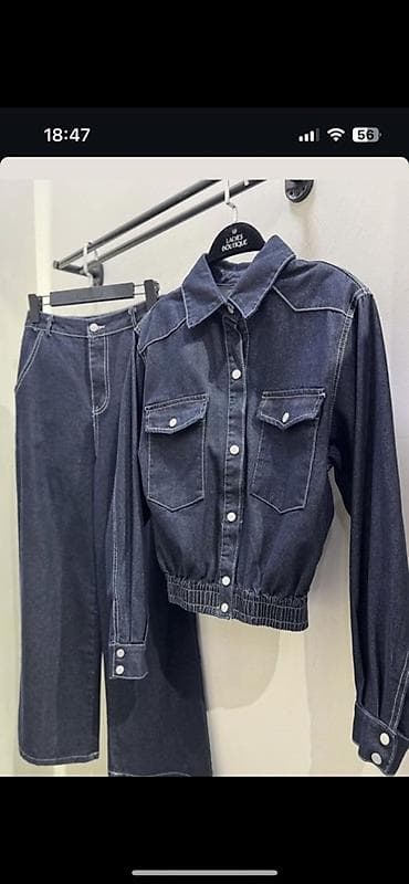 Головные уборы: Джинсовый комплект для девушек укороченная куртка + прямые брюки — 1