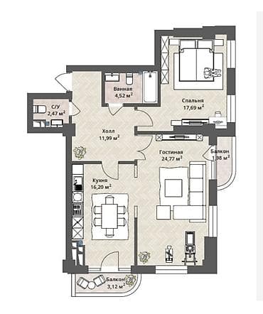 2 комнаты, 83 м², Элитка, 8 этаж, Готовая ПСО (под самоотделку)