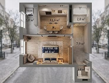 6: 1 комната, 46 м², Кок-Жар ж/м Элитка, 2 этаж, ПСО (под самоотделку) — 2