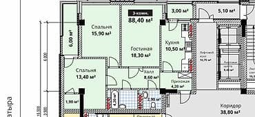 3: 3 комнаты, 88 м², Кок-Жар ж/м Элитка, 10 этаж, ПСО (под самоотделку) — 3