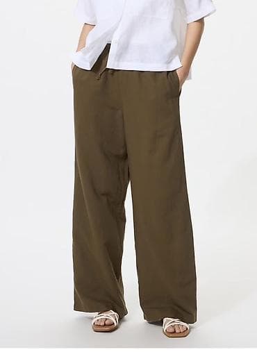 Широкие брюки-лён Uniqlo коричневого цвета - Свободный прямой крой с