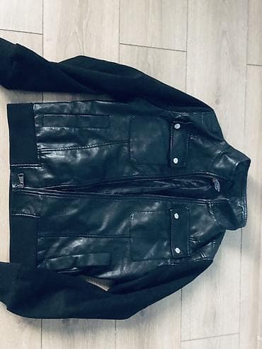 куртки кожанные: Мужская куртка-бомбер с кожаной фактурой - Цвет: черный - Материал — 1