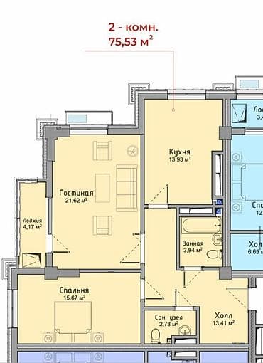 елисей: 2 комнаты, 75 м², Элитка, 8 этаж, Готовая ПСО (под самоотделку) — 2