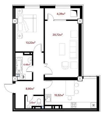 2 room flat: 2 комнаты, 69 м², Элитка, 7 этаж — 4