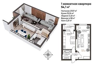 2026: 1 комната, 54 м², Элитка, 10 этаж, Готовая ПСО (под самоотделку) — 2
