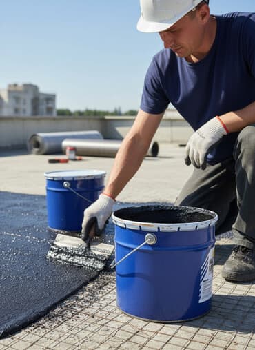 перчатки строительство: Битумная мастика изоляционная в синих металлических ведрах — 1