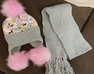 Очень теплая шапка с шарфом, двойная вязка