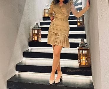 золотое платье: Вечернее платье, Коктейльное, Короткая модель, Полиэстер, С рукавами, S, M — 1